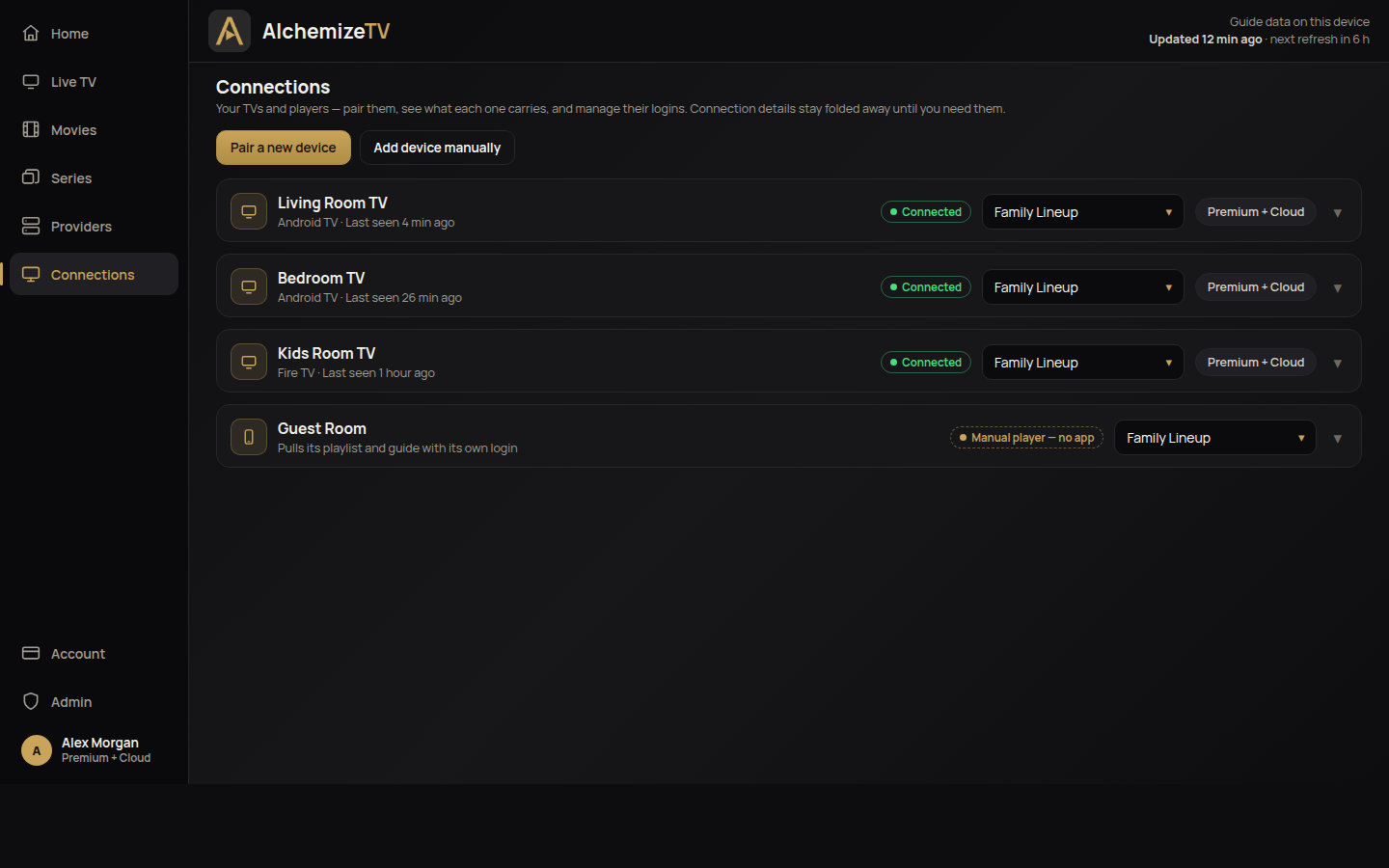Paired TVs in the AlchemizeTV console Connections page, with sample content
