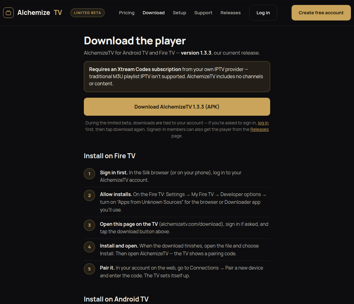The AlchemizeTV download page, with the player download button and the Fire TV install steps